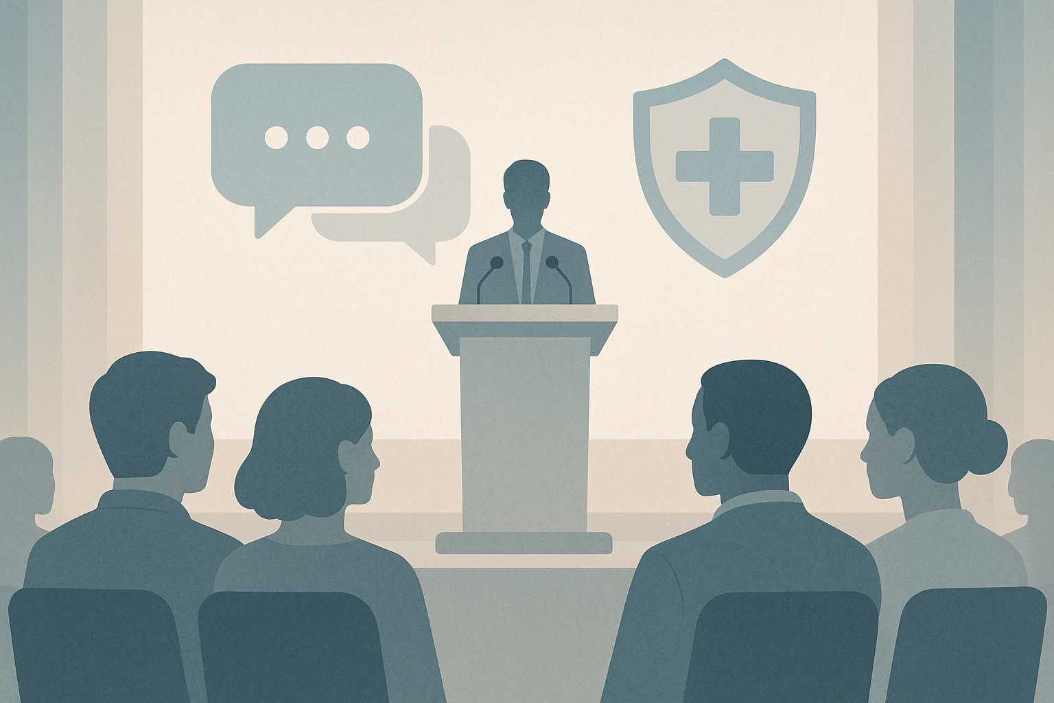 Free speech at medical conference concept illustrated with abstract symbols